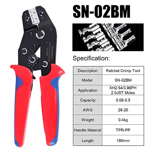 Yangoutool Crimp Tool Connector Kit, Crimping Tool Kit with 1550PCS Dupont 2.54mm Connectors and 460pcs JST-XH 2.54mm Connectors - Ratcheting Crimper AWG 28-20 (0.08-0.5mm²), Crimper SN02BM Included - style: 02BM Set