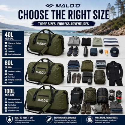 Malo’o Waterproof Dry Duffel, Heavy-Duty Roll Top Waterproof Gear Bag with Shoulder Strap & Molle Loops, Marine Duffel for Kayaking, Boating, Camping, Beach & Travel, Grey, 60L - color: Grey, size: 60L