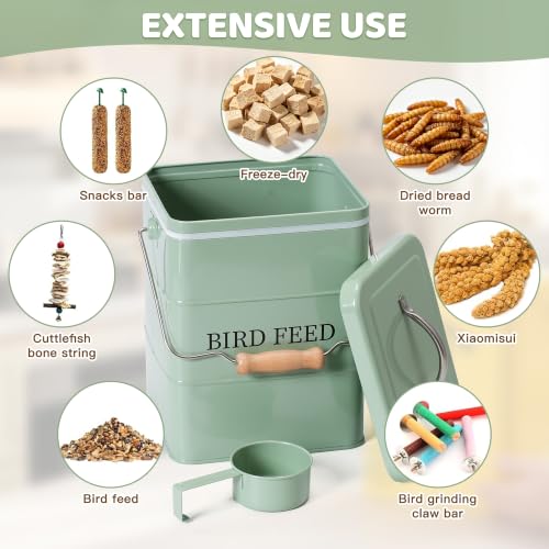 Bird Seed Storage Container, Airtight Metal Bird Food Canister Holds 5-6 LBS Wild Bird Feed, Bright Yellow Bird Feed Tin with Wooden Handle & Measuring Scoop, Dry Pet Snack & Grain Storage Bin - color: Green