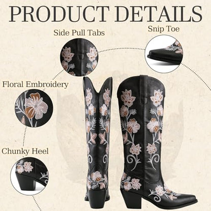 Knee High Cowboy Boots for Women Tall Cowgirl Western Boots - color: Black C, size: 6