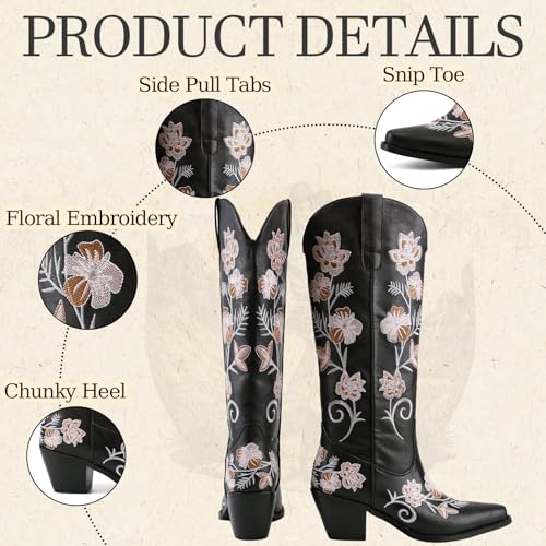 Knee High Cowboy Boots for Women Tall Cowgirl Western Boots - color: Black C, size: 7