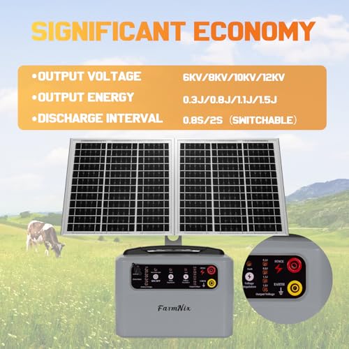 30Miles Solar Fencer Kit Solar Electric Fence Charger for Livestock,Adjustable 6-12kv Output Hight Power 15W 1.5J Electric Fence Controller,Garden Ranch Fencing Charger for Horse Goat Cattle Deer