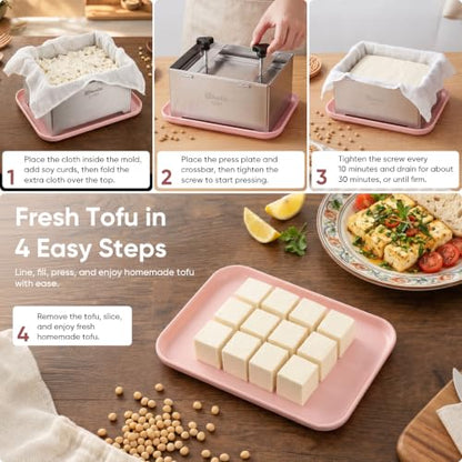 XL Tofu Press Stainless Steel, Tofu Maker and Paneer Press with Cloth, Pink - color: Stainless Steel Plus