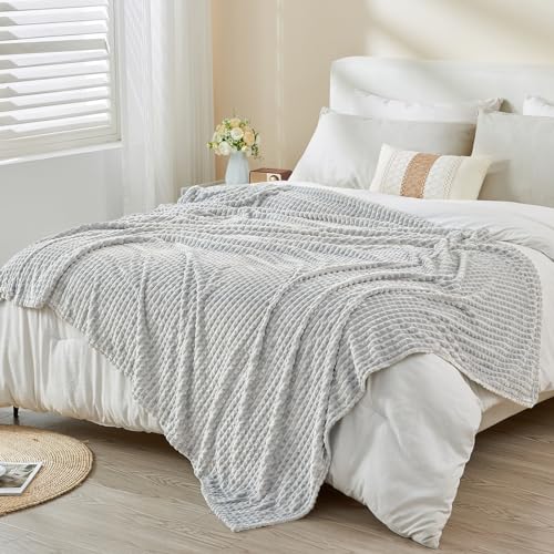 EMME Fleece Throw Blanket Luxury Flannel for Couch Bed Sofa Chair, Soft, Plush, Warm and Cozy Blanket with Geometric Grid Design (Light Grey, 50'' x 60'') - color: 09-grid-light Grey, size: Throw