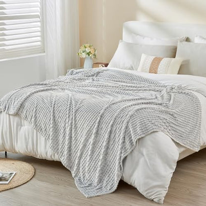 EMME Fleece Throw Blanket Luxury Flannel for Couch Bed Sofa Chair, Soft, Plush, Warm and Cozy Blanket with Geometric Grid Design (Light Grey, 50'' x 60'') - color: 09-grid-light Grey, size: Throw