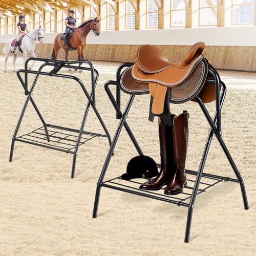 VEVOR Folding Saddle Rack, Freestanding Horse Saddle Stand, Portable Horse Blanket Holder, Heavy Duty Steel Saddle Rack for English & Western Saddles, Tack Storage, 28 x 19 x 37.5 in, Black - style: Folding Saddle Rack-1 Pcs