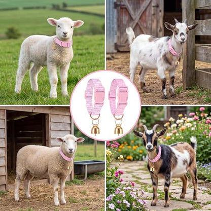 2 Pack Goat Collars with Bells Pink Bow Pattern Cute Sheep Grazing Copper Bells and Adjustable Nylon Collar Set Loud Bronze Bell Small Farm Animal Sheep Cow Accessories Supplies - style: Bow