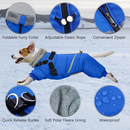 BRKURLEG Blue Dog Winter Coat, Cozy Winter Dog Jackets, Small Dogs Coat with Harness, Onesie Body Warm Puppy Christmas Jacket, Pet Reflective Cold Weather Jackets, Puppy Four-Legged Puffer Coats, M - color: Blue, size: Medium