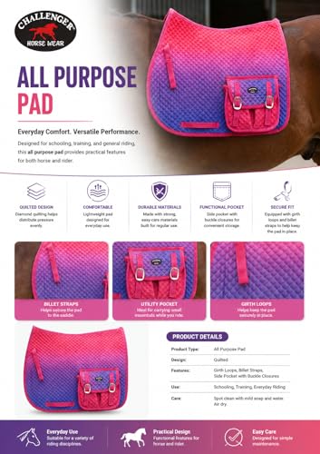 CHALLENGER Horse Quilted English All-Purpose Aussie Trail Saddle Pad Ombre Pockets 72164