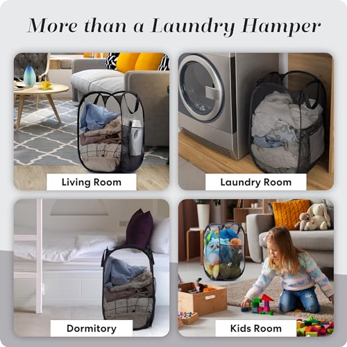 Handy Laundry Collapsible Mesh Pop-Up Hamper with Side Pocket - color: Black, 1-PACK