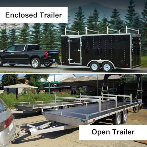 Trailer Ladder Rack, Adjustable Roof Rack for Open/Enclosed Trailers | 800 lb capacity. Painted frosted aluminum. 2 ratchet straps. Fits 5.7'-8.1' trailers. Height adjustable. Patent USD1011870S.