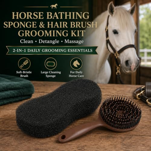 Horse Grooming Kit with Scrubber Sponge & Mane and Tail Brush