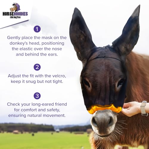 Donkey Fly Mask with Long Ears - (Purple) Small Donkey Fly Mask with Ears Protection from Insects and Bugs, Soft Mesh Fabric with Adjustable Fastener, Flymask for Donkeys Made in USA - color: Purple, size: Small Donkey