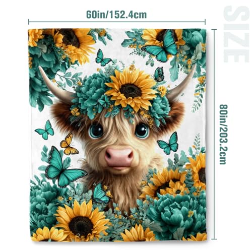 Jekeno Highland Cow Sunflower Gifts Blanket Butterfly Floral Throw Blanket - color: Highland Cow, size: 60x80 Inch