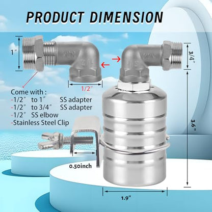 2-Pack Float Valve, 1/2" to 3/4'' 1" 304 Stainless Steel Fully Automatic Water Level Controller Water Float Valve for Water Tank,Pool,Water Tank, Livestock Troughs