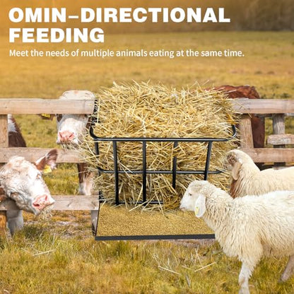 Large Capacity Hay Feeder for Goats & Horses - 2-in-1 Heavy Duty Steel Hay Rack with Detachable Grain Tray, Wall-Mounted Multiple-Sided Feeding Rack for Sheep Livestock Farm, Black