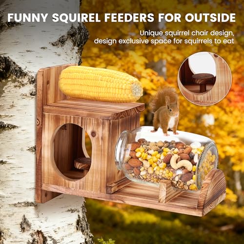 Wooden Squirrel Feeder with Glass Jar, Outdoor Chipmunk Feeder