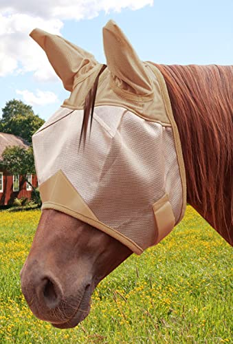 ECP Equine Comfort Products Horse Fly Mask with Ears, UV Protection, Bug Shield, Adjustable Strap, Breathable Micro Mesh, Reinforced Eye Darts, Lightweight Fit, Beige - color: Beige