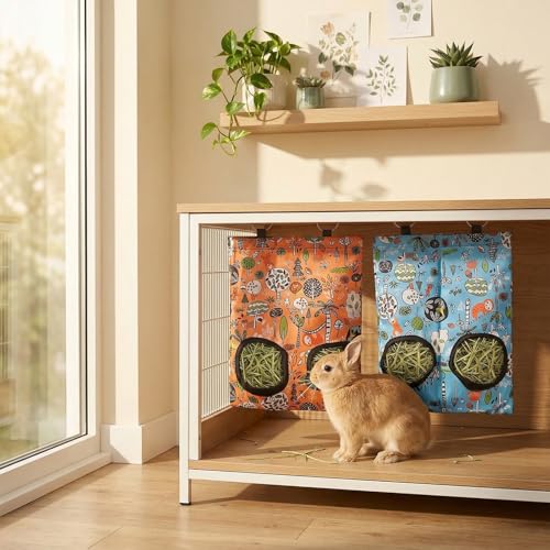 2Pcs Rabbit Hay Feeder Bag 11.8 x 9 Inch Oxford,2 Hole Guinea Pig Hay Bags Storage Dispenser for Rabbits Chinchillas Hamsters Small Pets and Animal,Leakproof Travel Food Container for Cage Outdoor