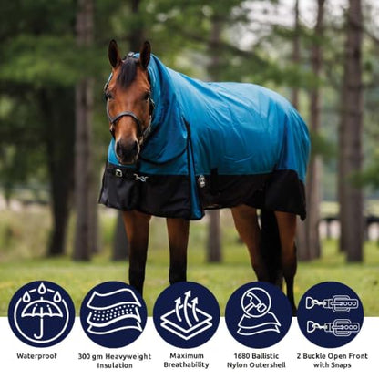 Country Pride Heavyweight Turnout Blanket for Horses, 1680D Waterproof Durable Outer Shell, 300g Insulation, Attached Neck Cover, Adjustable Front and Leg Straps, Shoulder Gussets, Tail Cover (72) - size: 72