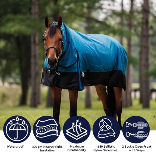 Country Pride Heavyweight Turnout Blanket for Horses, 1680D Waterproof Durable Outer Shell, 300g Insulation, Attached Neck Cover, Adjustable Front and Leg Straps, Shoulder Gussets, Tail Cover (76) - size: 76