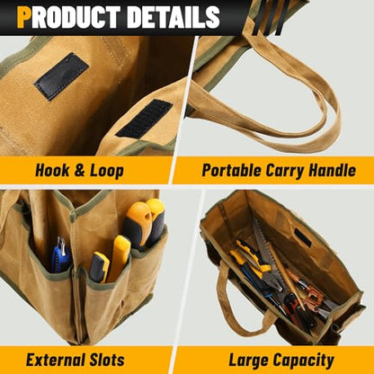 16OZ Waxed Canvas Tool Tote Bag | Large-Capacity Tool Storage Tote with 10 External Pockets | Multi-Purpose Garden Tool Carrier for Gardening, Wrench, and Carpentry Tools – Khaki - color: Khaki