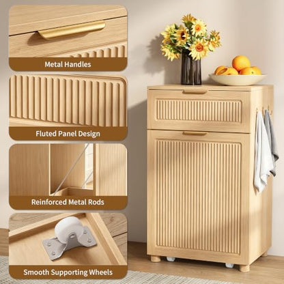 Freestanding Pull Out Trash Can Cabinet with Drawer & Side Hooks,Pet Proof Hidden Waste Bin Storage Cabinet Fits 7 10 13 Gallon Trash Cans for Kitchen Laundry Room Bathroom (Trash Can Cabinet - Oak) - color: Trash Can Cabinet - Oak