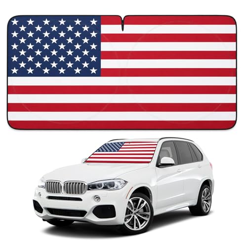Windshield Sun Shade with American Flag Design, Heat-Insulation Patriotic Auto Sun Shade for Front Windshield, Foldable US Flag Windscreen UV Ray Blocker for Cars Trucks SUVs (Red) - color: Red