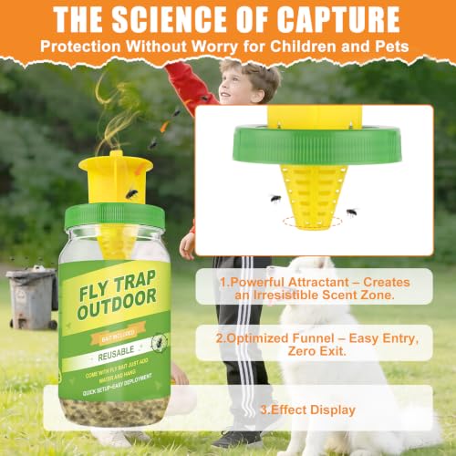 4 Pack Reusable Fly Traps Outdoor with 4 Fly Bait Refill - color: Green-4 pack