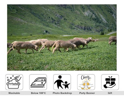 4x4ft Fabric Fabric Alpine Sheep Pasture Backdrop Wool Sheep Green Grass Steep Rocky Hillside Small Alpine Meadow Photography Background Tapestry Pastoral Decorations Photo Booth Props - size: 4x4ft