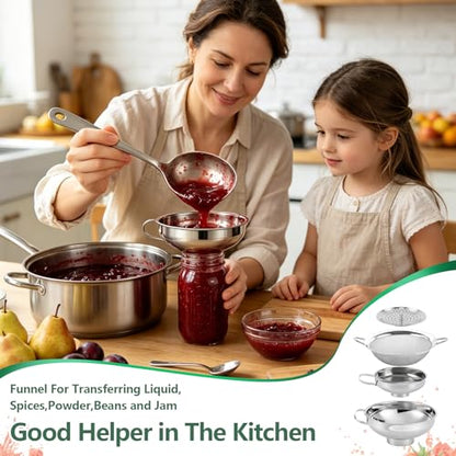 4-in-1 Canning Funnel Set, Stainless Steel Wide Mouth & Regular Funnels with Extended Stable Spout, Umbrella Strainer & Mesh Filter, Food-Grade Kit for Large Food, Jars, Oil, Kitchen Use
