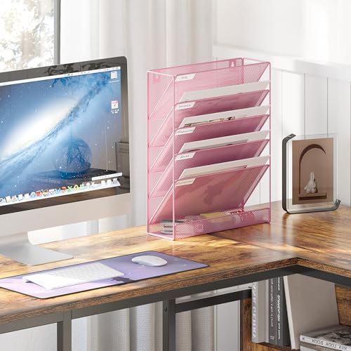 EasyPAG 5 Tier Wall File Holder, Mesh Hanging Folder Organizer with Classify Label, Versatile Desk File Holder, Vertical Wall Mounted Mail Organizer for Office Home Cubicle, Pink - color: Pink