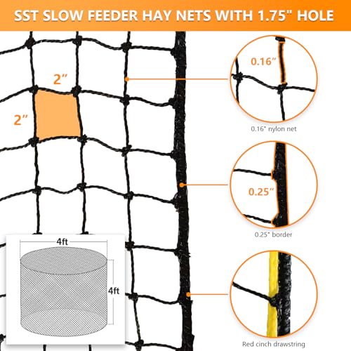 5x5 ft Round Bale Hay Net for Horses & Livestock - Slow Feeder Hay Nets with 2 inches Hole - color: Black-Yellow