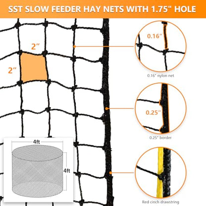 5x5 ft Round Bale Hay Net for Horses & Livestock - Slow Feeder Hay Nets with 2 inches Hole - color: Black-Yellow