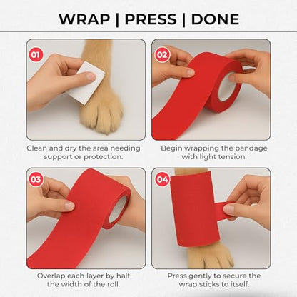 JorVet 2" x 5 Yards Cohesive Bandages | Fun Self-Adhesive Wrap for Animal Wound | Easy Tear, No Scissors Needed | Individually Wrapped Vet Tape, Secure & Flexible | Brilliant Red | Pack of 12