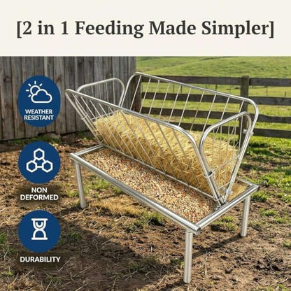 Heavy Duty Hay Rack and Grain Pan, 2 in 1 Livestock Feeder, Freestanding Farm Feeder. for Barn and Pen Feeding, Durable Galvanized Steel for Goats Sheep Calves