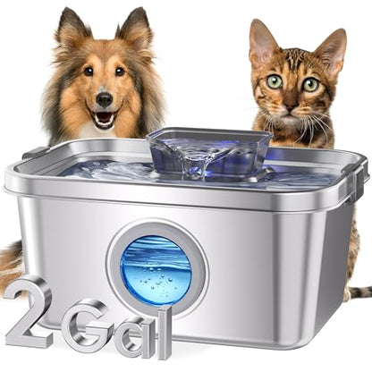 PETIMI Dog Water Fountain, 2 Gallon 304 Stainless Steel Large Pet Water Fountain for Dogs & Cats, Ultra Quiet Indoor Pet Fountain, Safety Lock, 3 Replacement Filters Included, Smart Pump Protection
