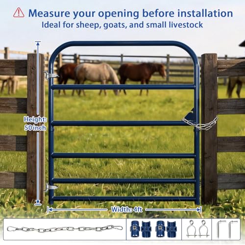 4 ft W x 50 in H Farm Gate, 6-Bar Steel Livestock Gate for Horse & Cattle | Heavy-duty horse gate and cattle gate, chain latch and animal-safe spacing for farms and corrals Blue