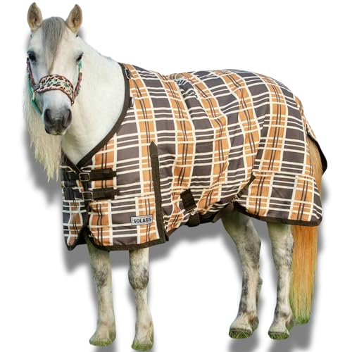 Jeffers Pony Poppins Solaris 1200 Denier Turnout Blanket Brown & Cream Plaid 60" - Waterproof, Breathable Horse Blanket with 0 gram Polyfill, No Insulation, Ideal Protection for Wind & Rain, - size: 63"
