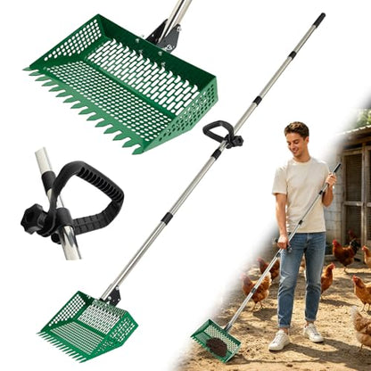 2-in-1 Metal Chicken Coop Pooper Scooper&Rake with 175CM Adjustable Handle | 12inch Green Chicken Litter Scoop for Coop Sand & Pet Farm Animal Waste, Durable Litter Sifting Shovel with Detachable Handle