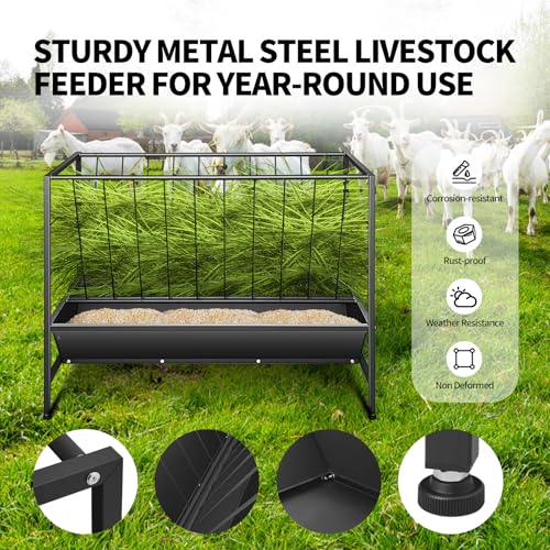RYFT 2 in 1 Pasture Hay Feeder 45 Gallon Livestock Feed Trough with 24 Gallon Feed Pan, Hay Grain Livestock Feeder for Sheep, Calf, Cow and Horse