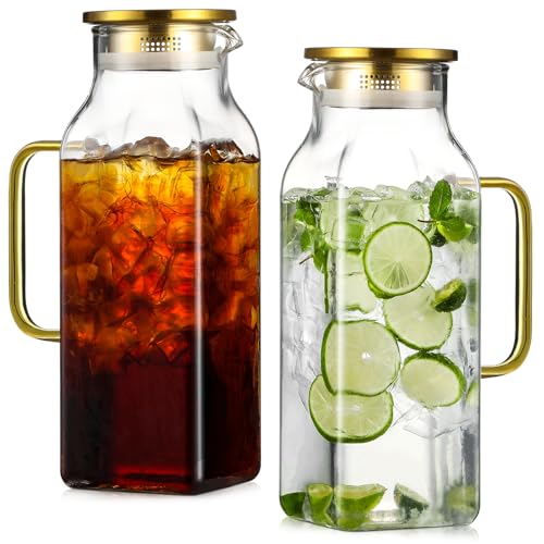 2 Pack 2 Liters/68 oz Square Glass Pitcher with Lid and Handle for Fridge, Iced Tea and Coffee Carafe Beverage Serveware, Heat Resistant Borosilicate Water Gold Jug for Hot/Cold Drinks and Milk - size: 68 oz Gold