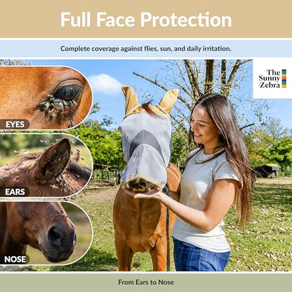 TSZ Horse Fly Mask with Ears and Nose Cover UV Block 70% Breathable Mesh - size: Horse
