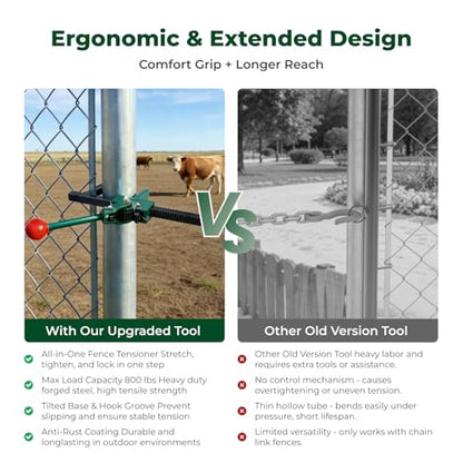 Chain Link Fence Puller Tool, Heavy-Duty Ratcheting with 9-Inch Stretcher | 9" ratchet travel, 5° tilted base & hooked groove. Pulls woven/barbed wire. One-person pulling tool for farm, ranch, garden