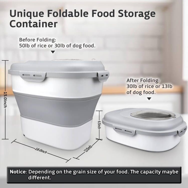 Komzon Rice Storage Bin Cereal Containers, 13-50lb Collapsible Rice Container Dispenser with Transparent Lid, Rolling Wheels, Measuring Cup and Scoop, Airtight Dog Cat Pet Food Storage Container White - color: White