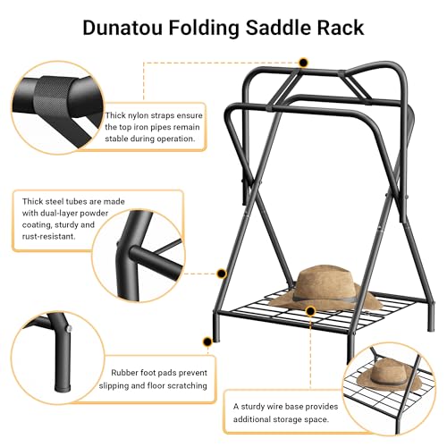 Dunatou Foldable Saddle Rack with Bottom Storage Shelf – Heavy Duty Horse Saddle Stand for English & Western Saddles, Portable Blanket Holder & Saddle Pad Rack for Tack Room, Barn & Trailer, Black