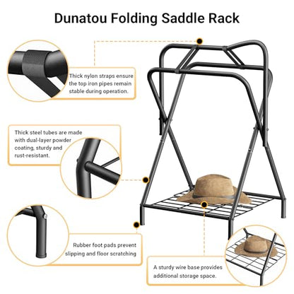 Dunatou Foldable Saddle Rack with Bottom Storage Shelf – Heavy Duty Horse Saddle Stand for English & Western Saddles, Portable Blanket Holder & Saddle Pad Rack for Tack Room, Barn & Trailer, Black