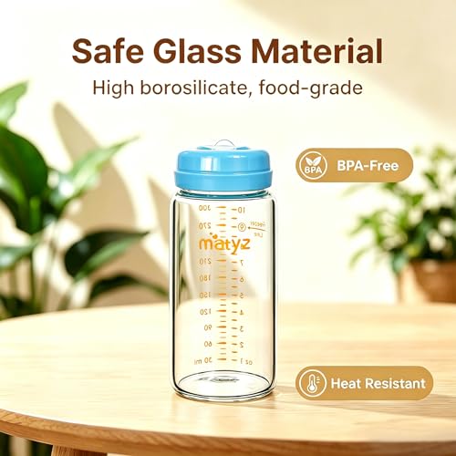 Matyz Glass Breastmilk Storage Set, 6 Pack 10oz, Compatible with Spectra Medela Philips Avent Pumps, Wide-Mouth Leakproof Containers for Freezing & Feeding, BPA-Free (3 Green & 3 Blue Lids) - color: [6 Pack] 3 Green & 3 Blue Lids - 10 Ounce Borosilicate G