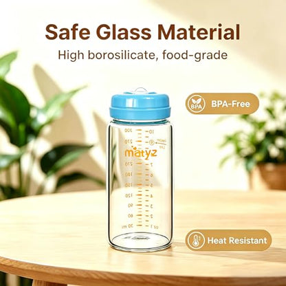 Matyz Glass Breastmilk Storage Set, 6 Pack 10oz, Compatible with Spectra Medela Philips Avent Pumps, Wide-Mouth Leakproof Containers for Freezing & Feeding, BPA-Free (3 Green & 3 Blue Lids) - color: [6 Pack] 3 Green & 3 Blue Lids - 10 Ounce Borosilicate G