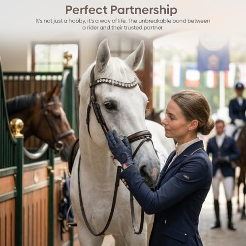Equine Care English Horse Bridle with Reins, Padded, 6 Browband Styles | Hunter show bridles: classic fancy stitched or crystal browbands; padded crown, harness leather; bit not included - color: Havana Brown with Clear Crystals